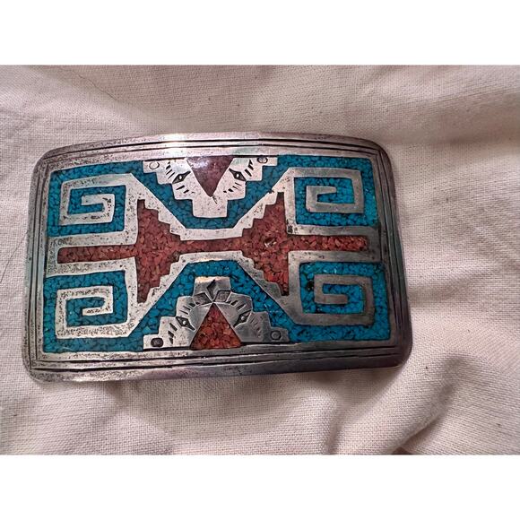 VINTAGE NATIVE STERLING SILVER TURQUOISE CORAL INLAY BELT BUCKLE CLOSEUPS main image 6